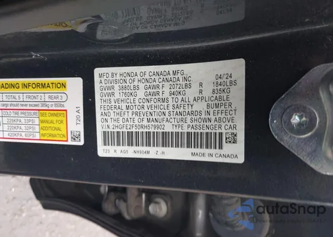 2024 Honda Civic Sport z USA, uszkodzony, nr VIN 2HGFE2F50RH579902